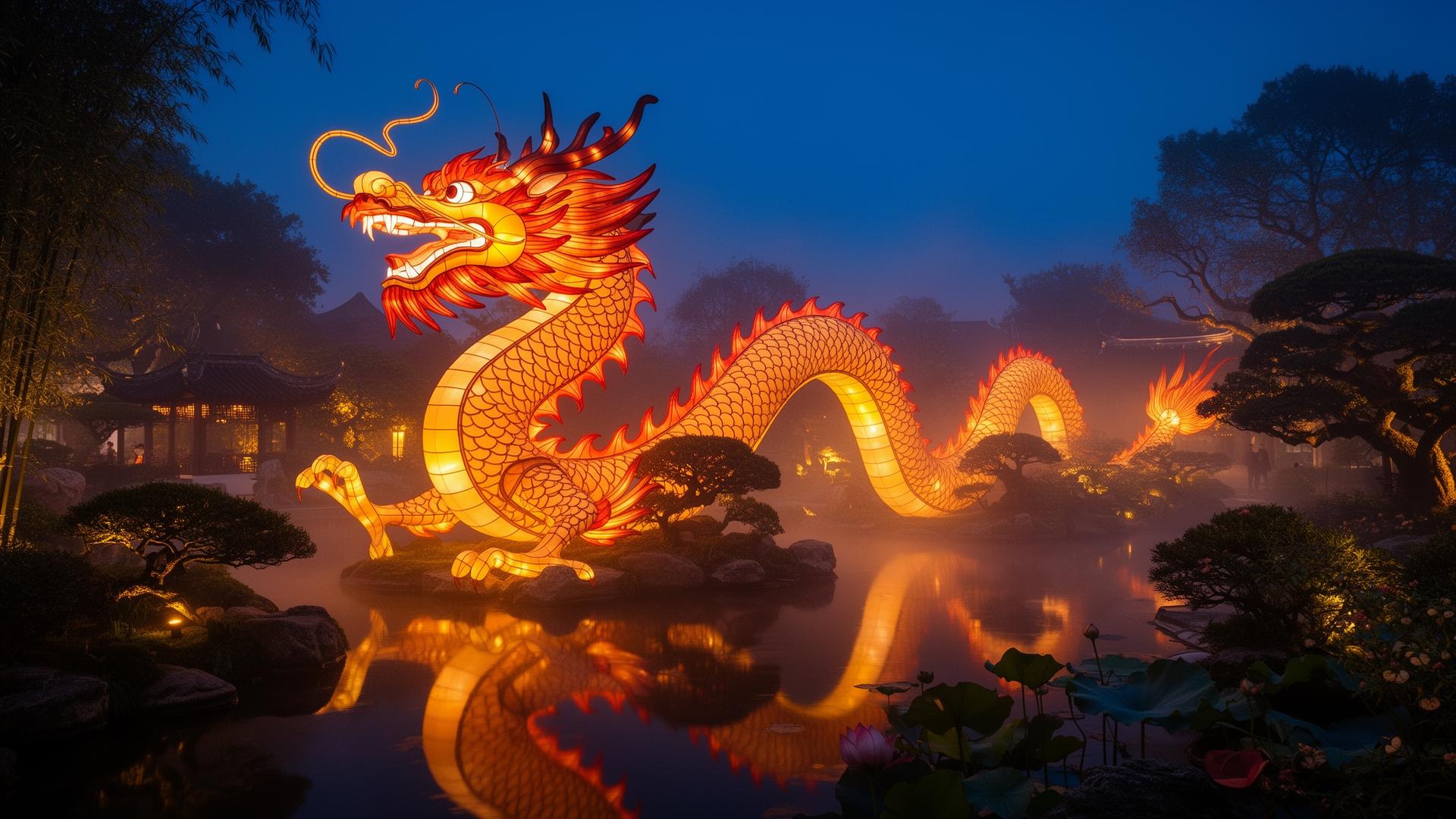 Giant illuminated dragon lantern at night festival