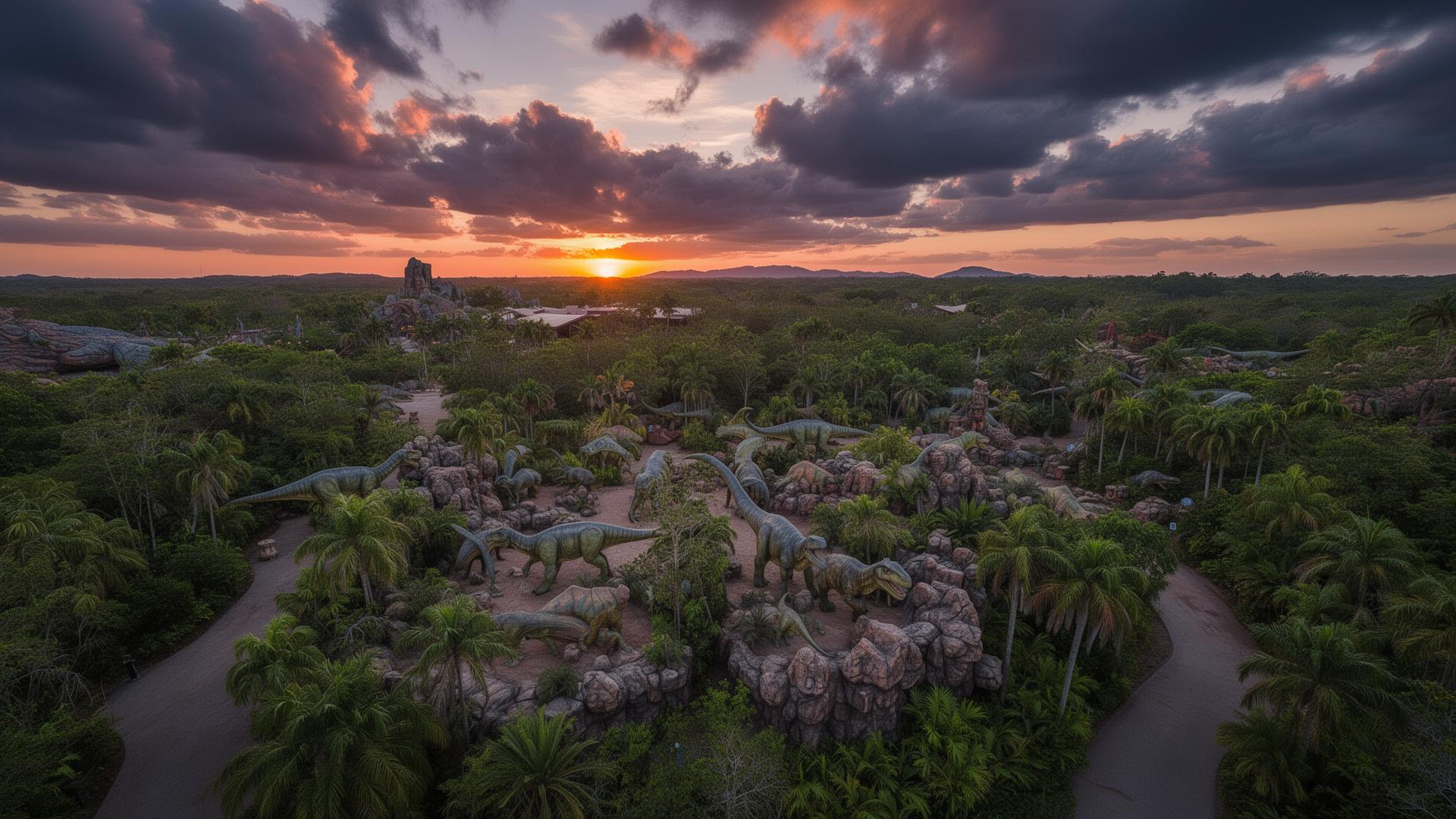Triceratops in lush prehistoric exhibit at dusk