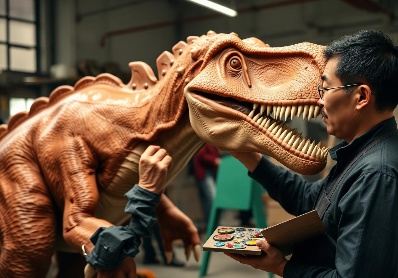 Artist painting dinosaur skin