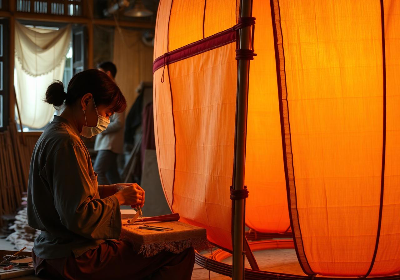 Artisan sewing lantern silk