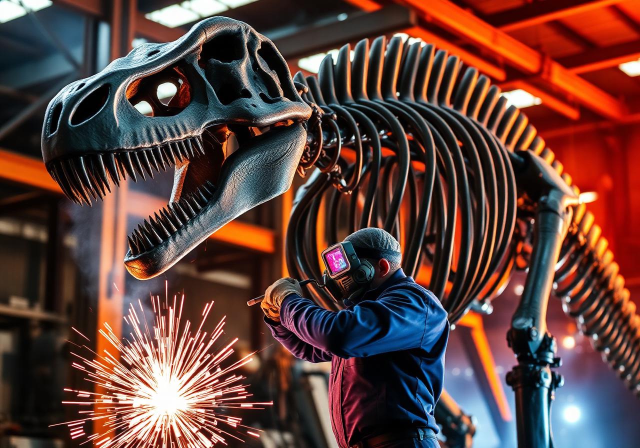 Welder building dinosaur skeleton