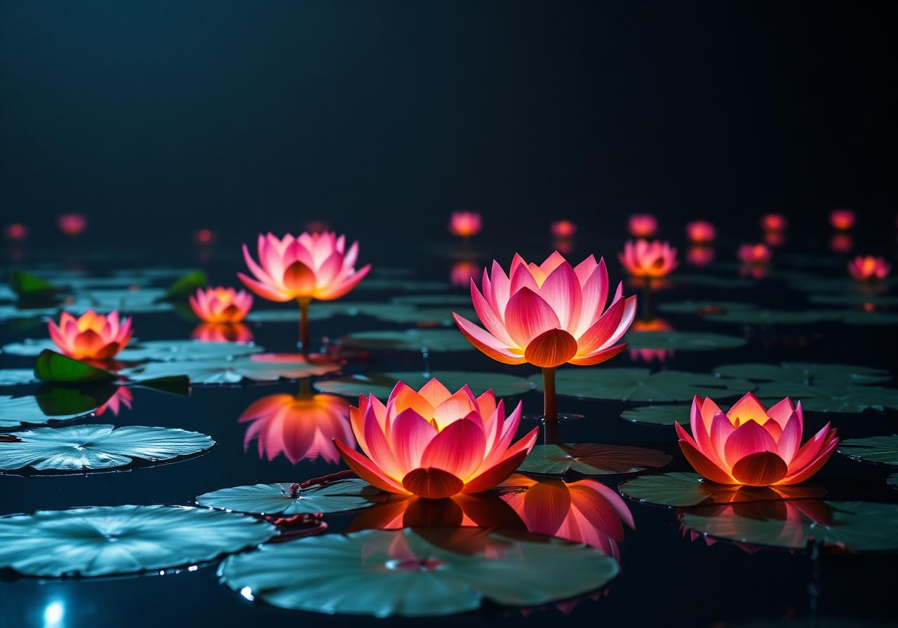 Lotus lanterns floating in pond