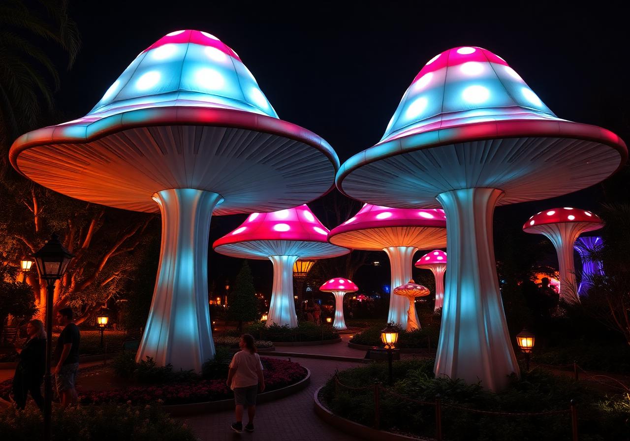Glowing mushroom park sculptures