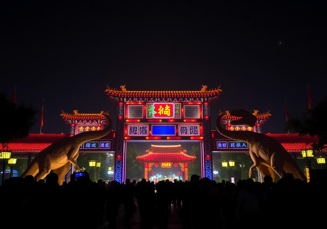 Theme park entrance gate at night