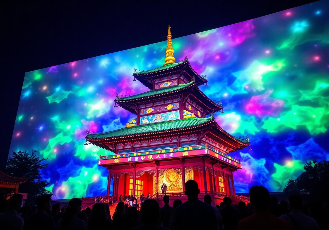 Projection mapping show on pagoda